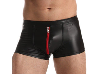 Gay Boxer Briefs | CAVE HERO Red Crotch Zipper Faux Leather Boxers - Black / M Waist 26-28"