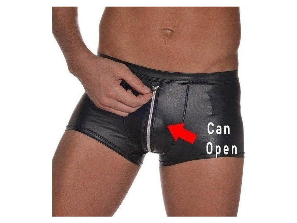 Black zipper boxers demonstrating open fly functionality