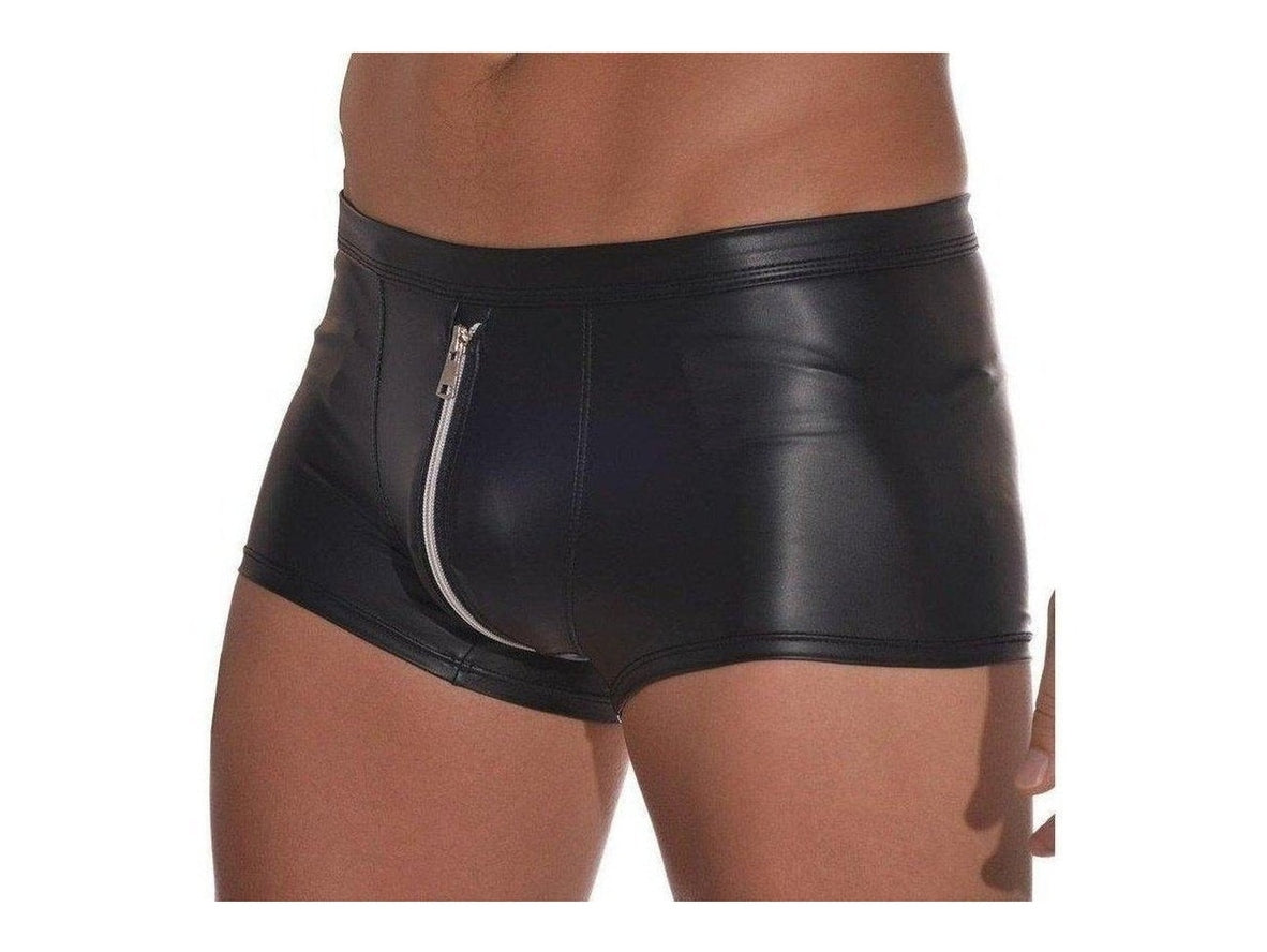 Side angle of glossy black men's boxer briefs with low-rise fit