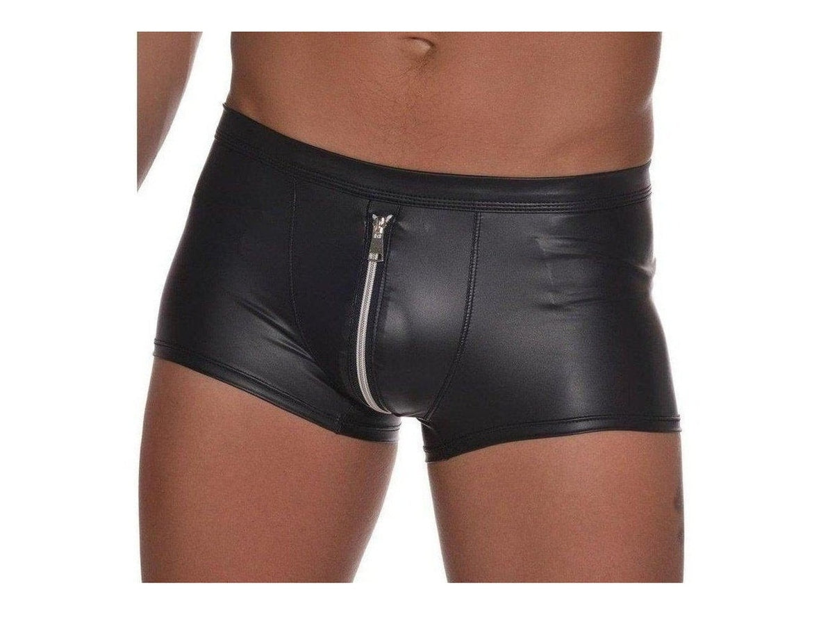 Black faux leather low-rise boxer briefs with front silver zipper