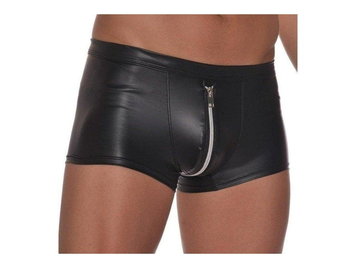 Close-up of black faux leather boxer briefs showing zipper detail