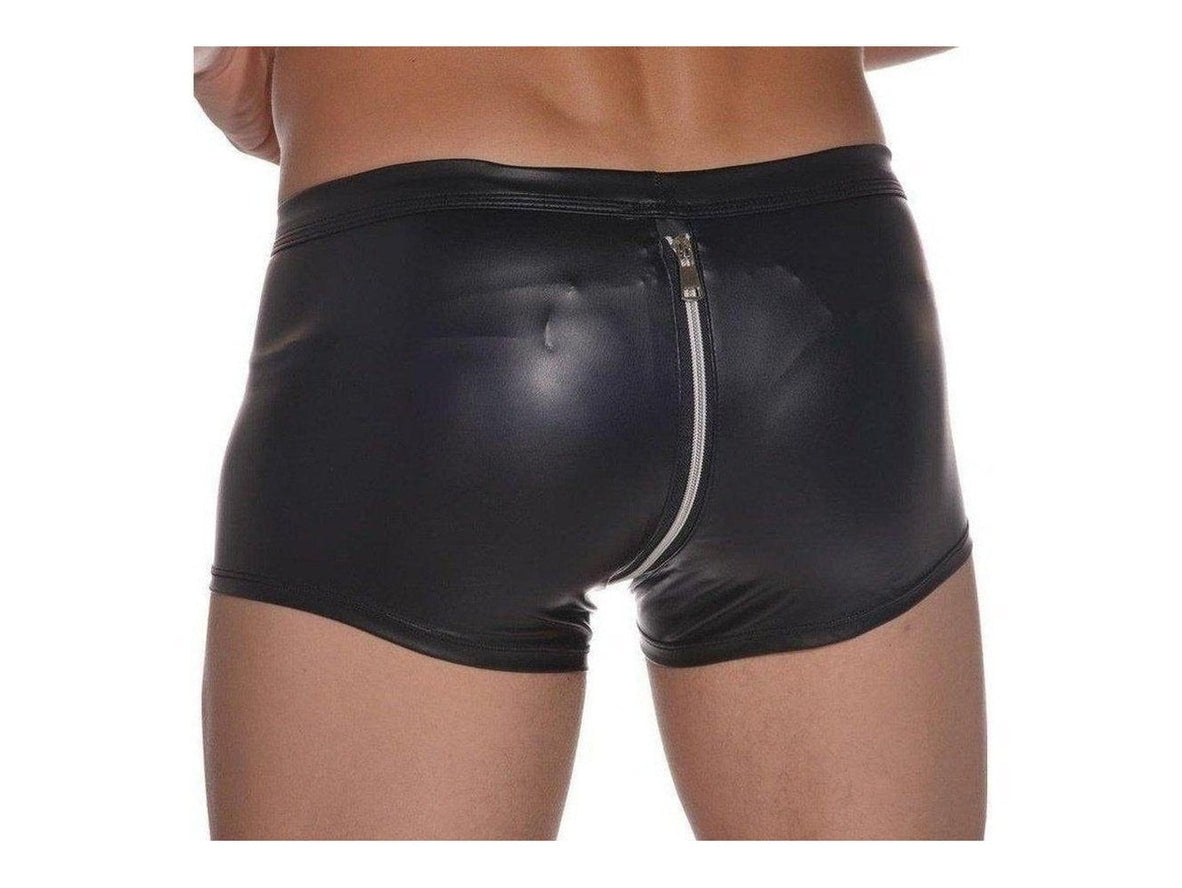 Back view of black faux leather boxers featuring rear vertical zipper