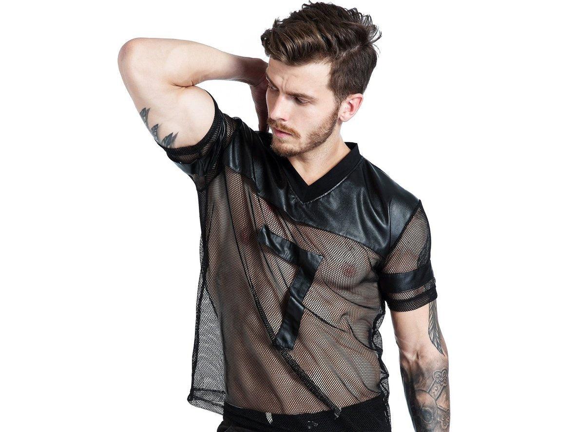 Men's black mesh top with faux leather chest strap and diagonal cross detail front pose