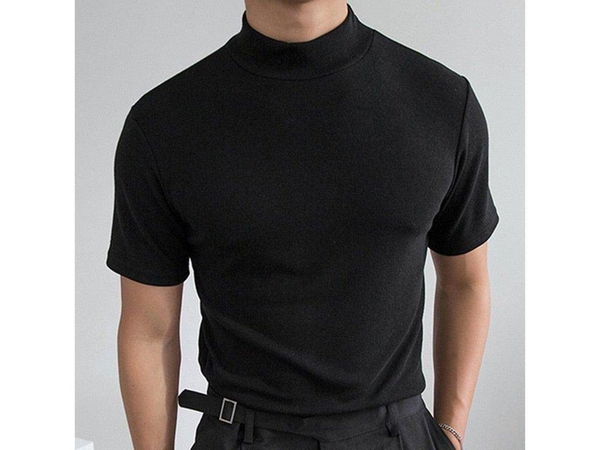 Close-up of black stretch polyester high-neck men's top with snug collar