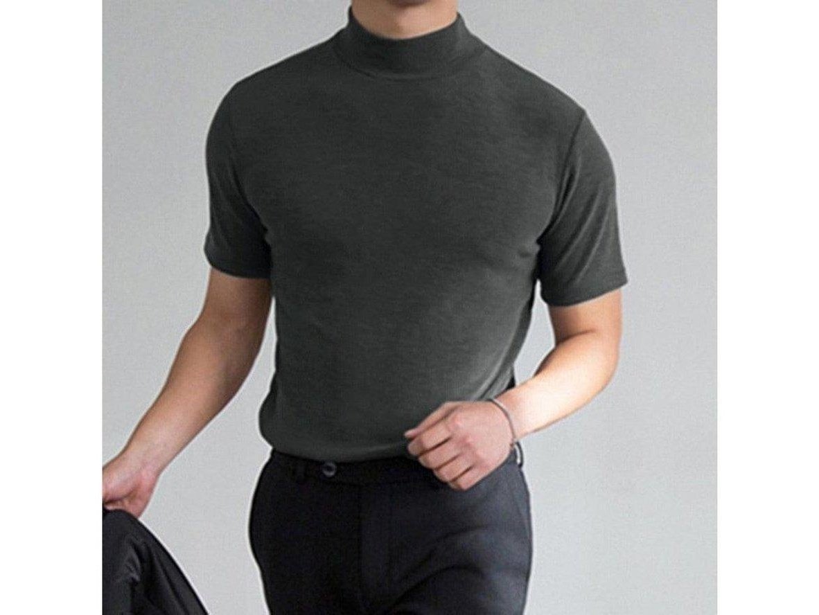 Men's charcoal gray mock neck t-shirt styled with dark trousers