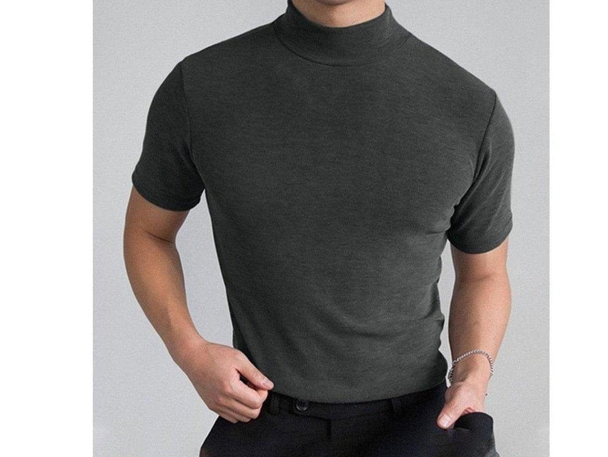 Charcoal gray high-neck short sleeve men's top with smooth fabric fit
