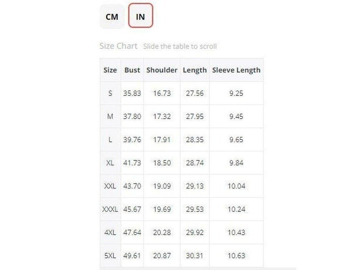 Men's high-neck top size chart in inches showing bust and length measurements