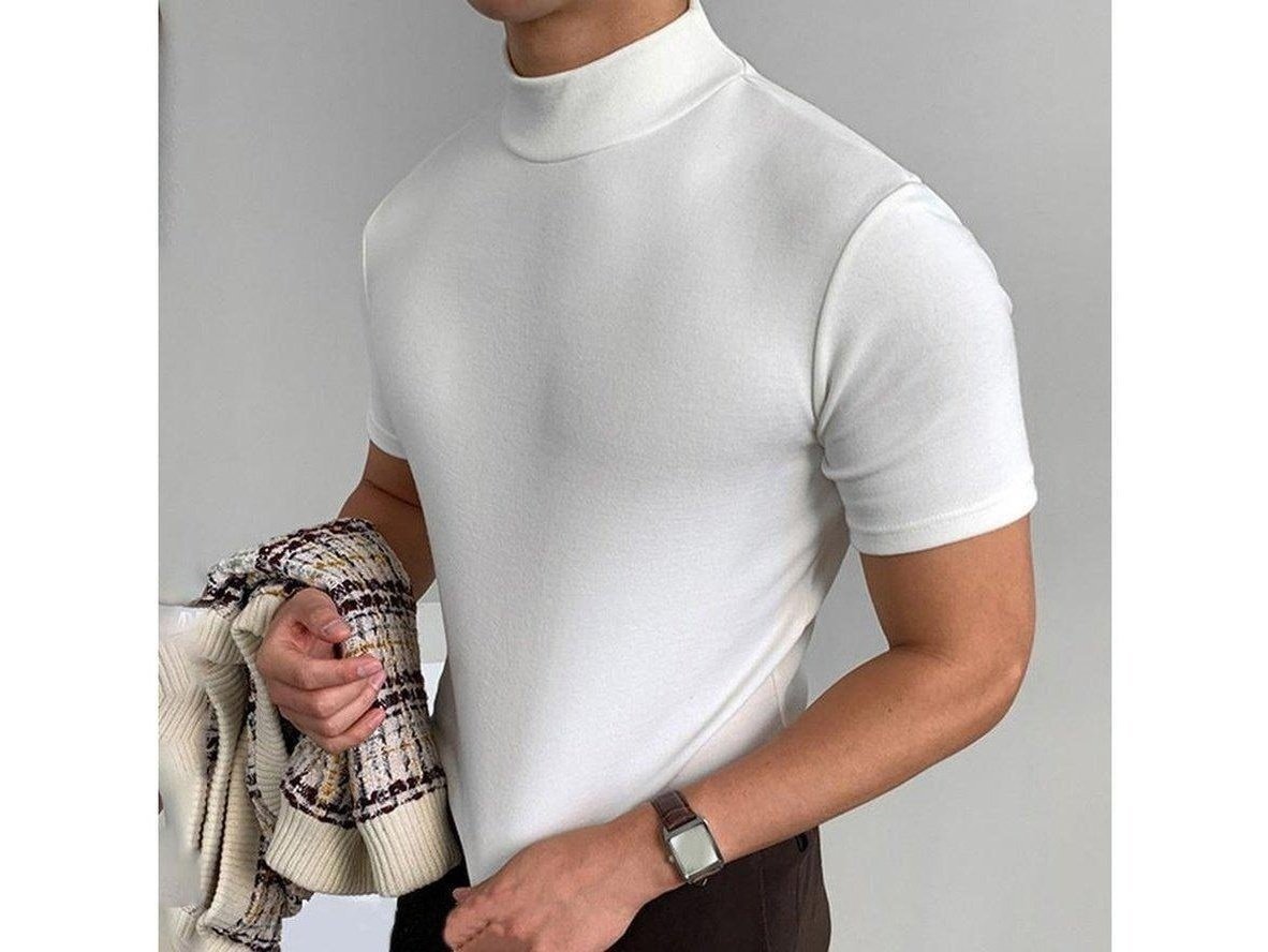 White high-neck short sleeve men's top paired with checkered knit sweater