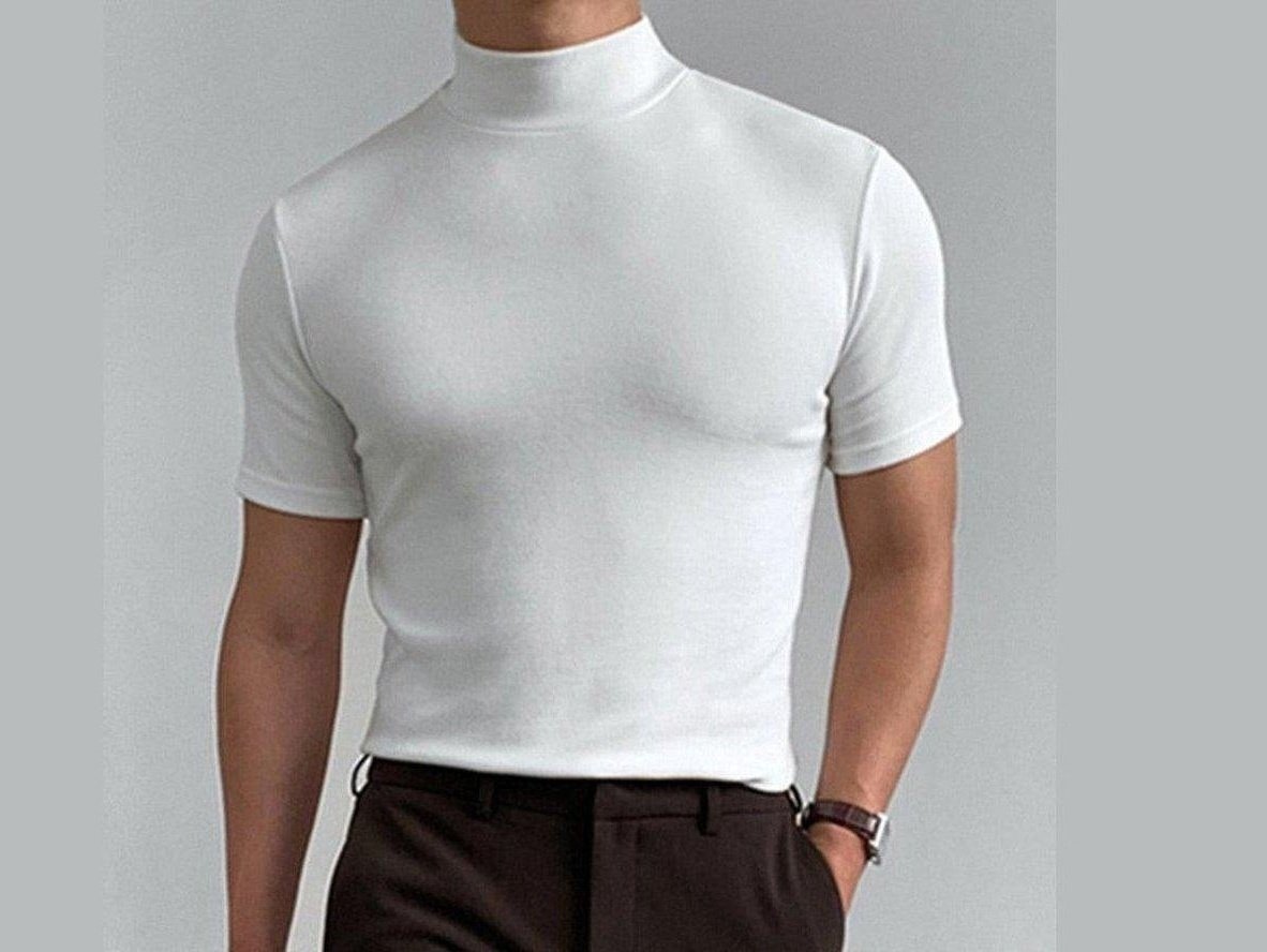 White fitted high-neck short sleeve men's top with front pocket detail