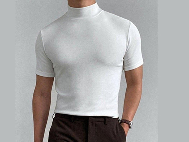 White fitted high-neck short sleeve men's top with front pocket detail