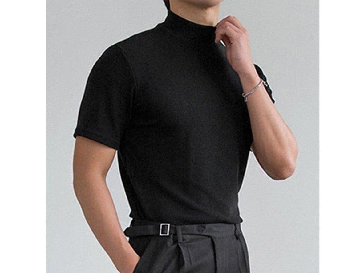 Black high-neck short sleeve men's fashion top with fitted silhouette
