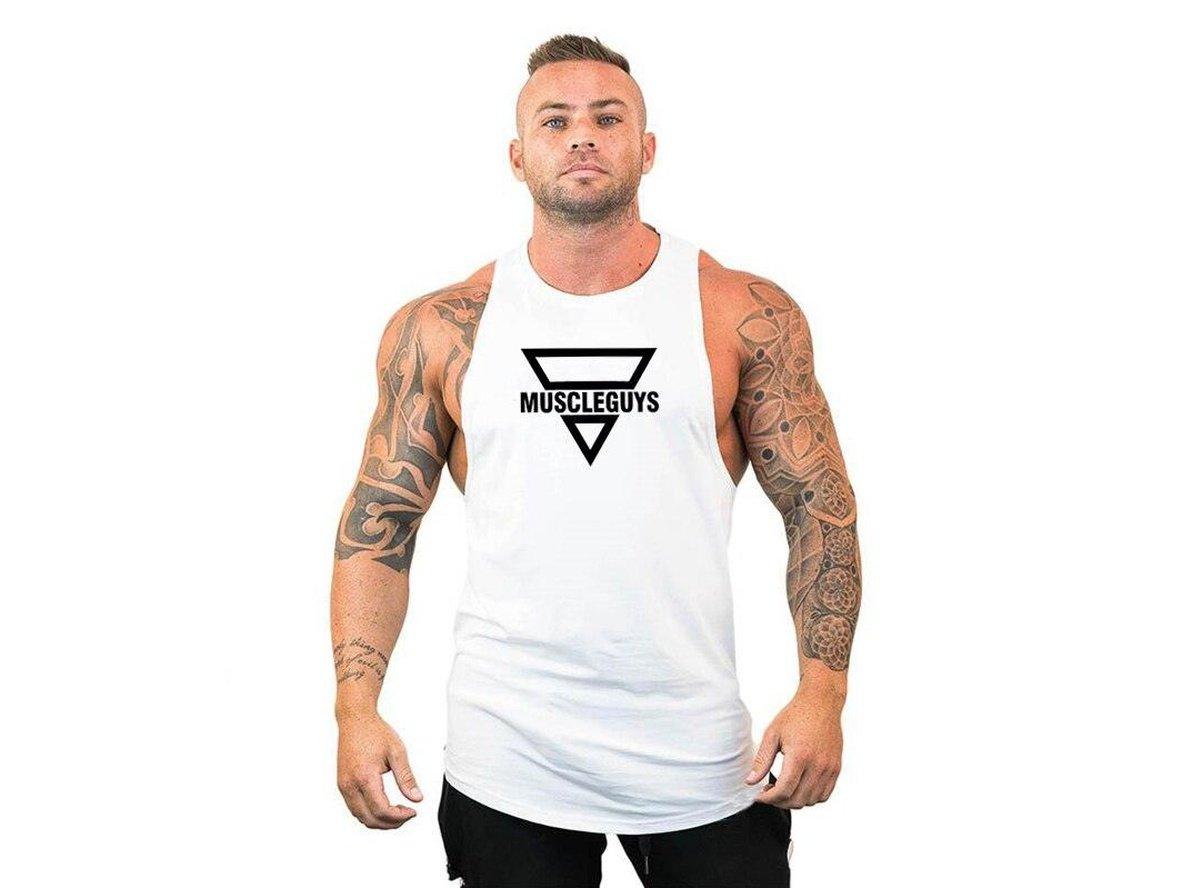 White men's cotton tank top with curved hem and MUSCLEGUYS print