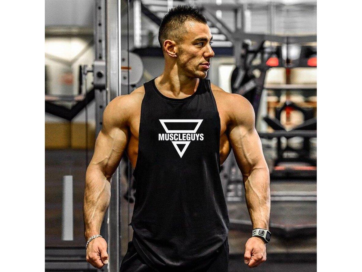 Black fitted men's gym tank top with fitness tracker in background