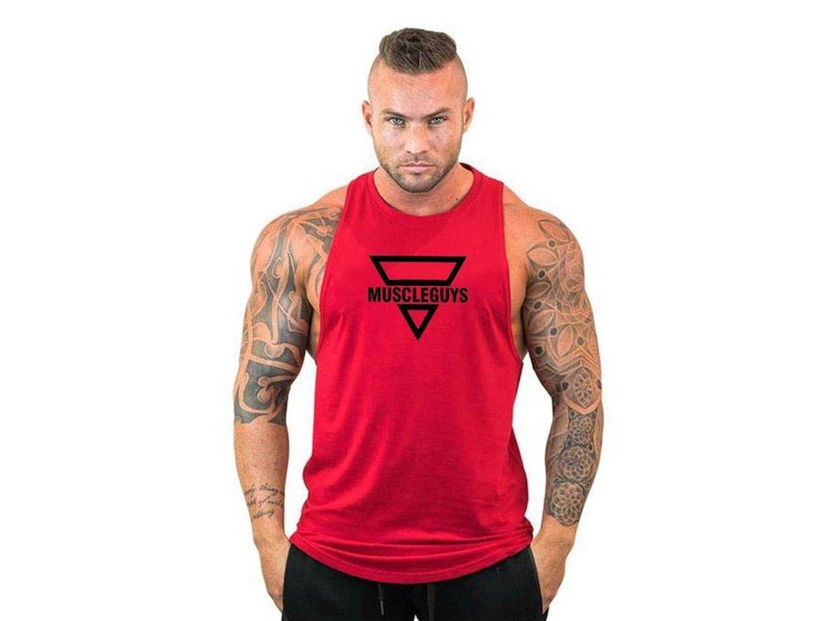 Red men's athletic tank top with rounded neckline and chest logo