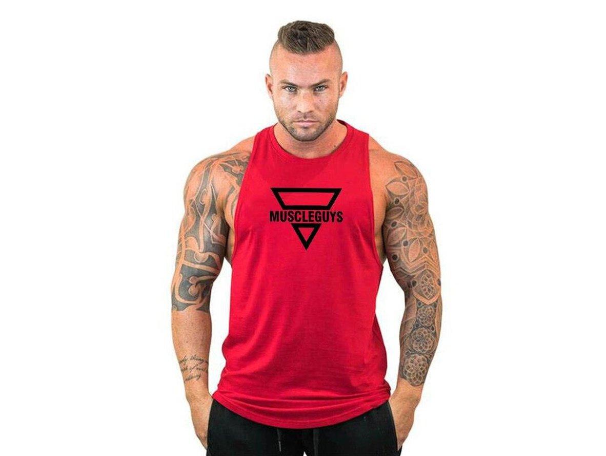 Red fitted men's bodybuilding tank top with black geometric logo