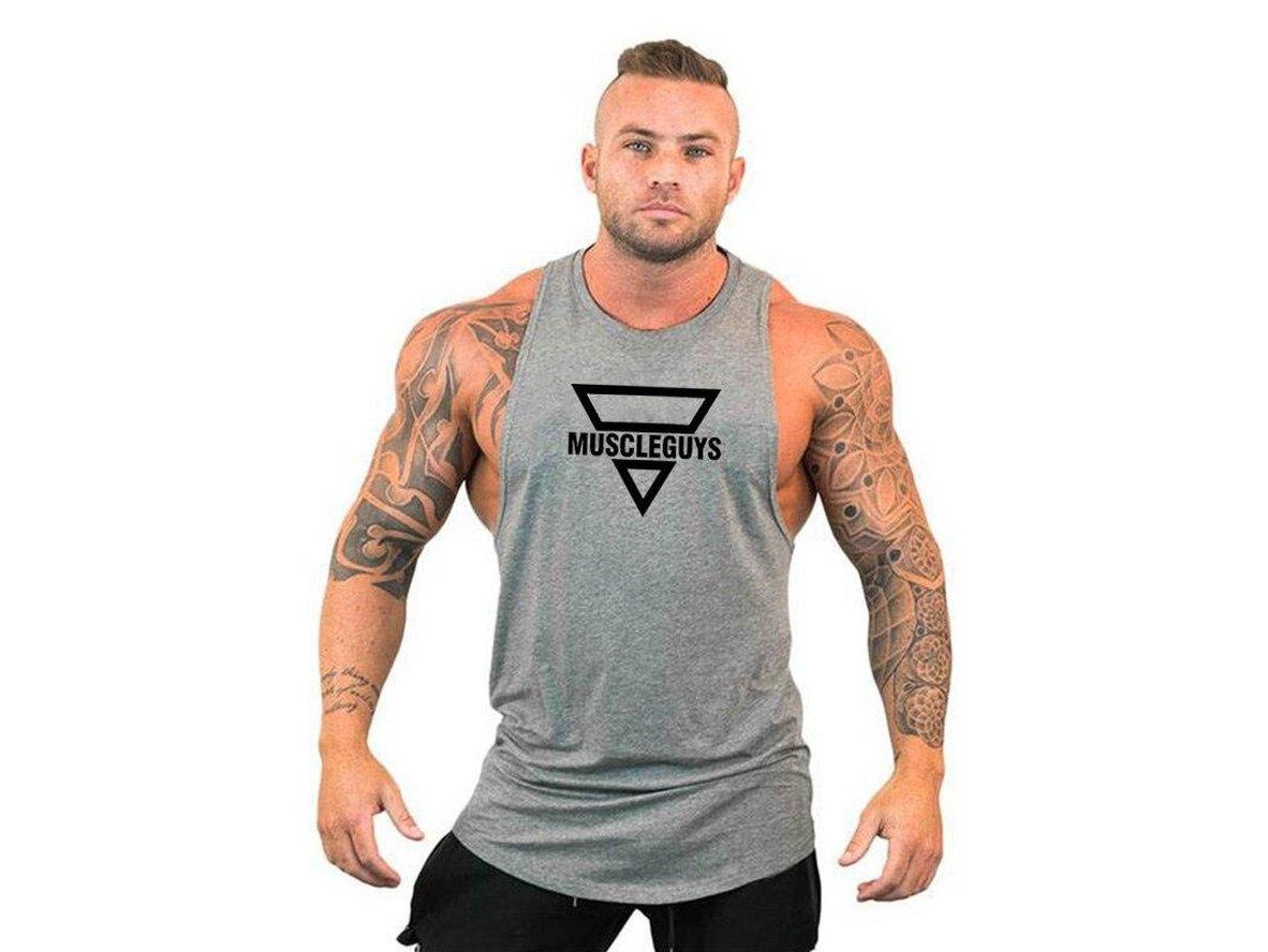 Gray men's cotton gym tank top with black geometric design
