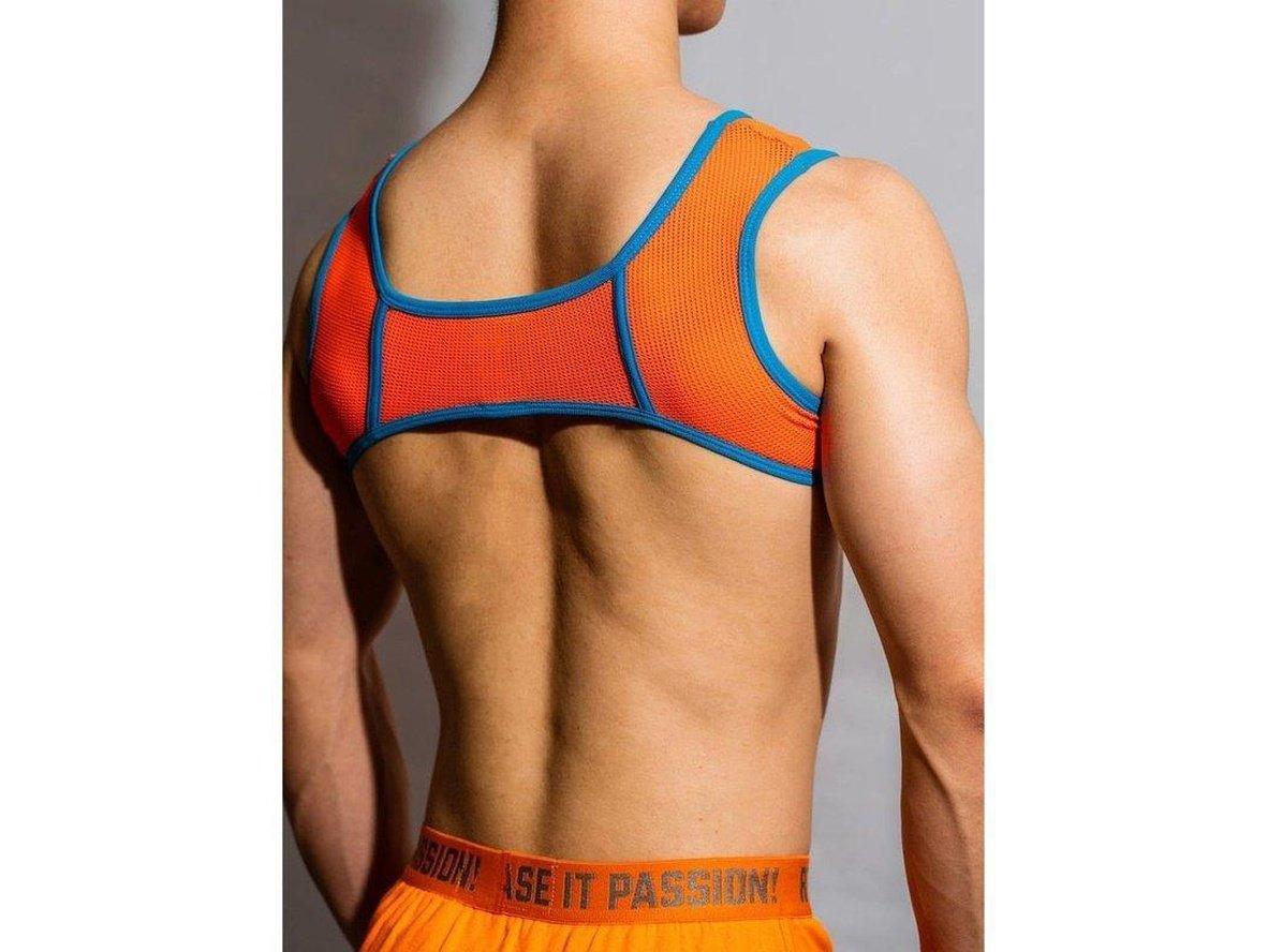 Rear view of orange harness with central panel detail