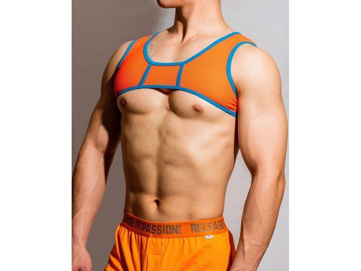 Orange mesh chest strap harness fit on male model