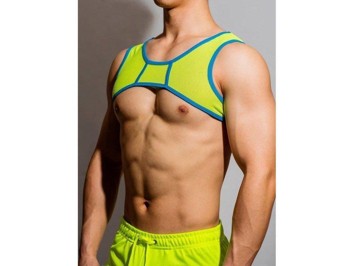 Neon yellow mesh gay harness with blue trim on model