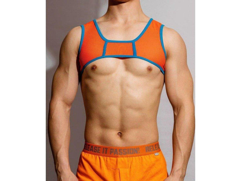 Orange mesh chest strap harness fit on male model