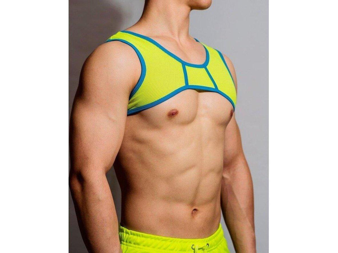 Front view of neon yellow elastic shoulder chest straps