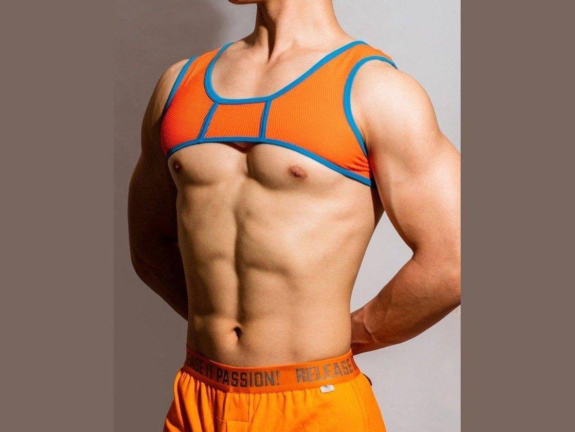 Orange mesh harness with blue trim and square neckline