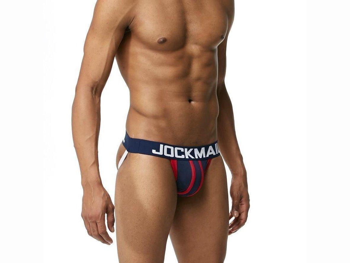 Side view of navy blue jockstrap with red stripes
