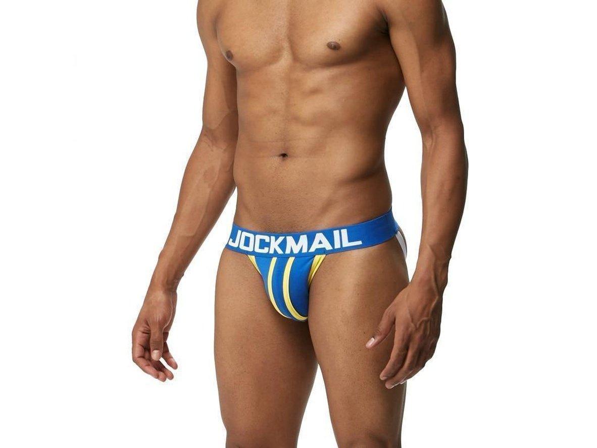 Blue and yellow striped jockstrap with side straps