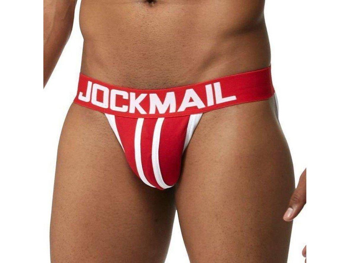 Red men's jockstrap with white vertical stripe design