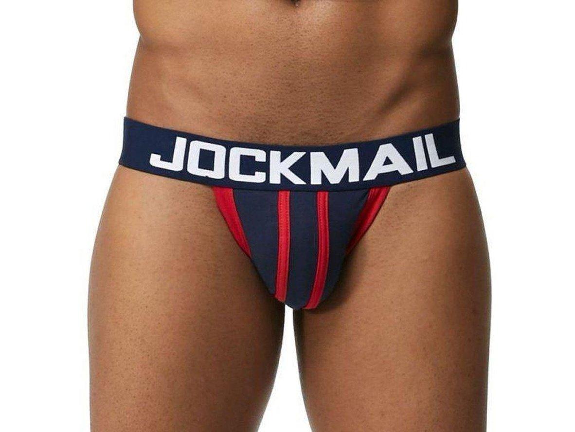 Navy blue jockstrap featuring red vertical stripes