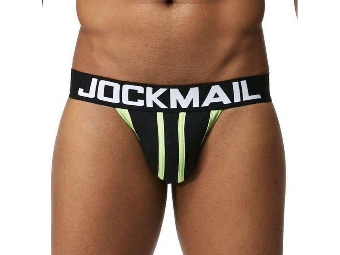 Black low-rise jockstrap with neon green vertical stripes