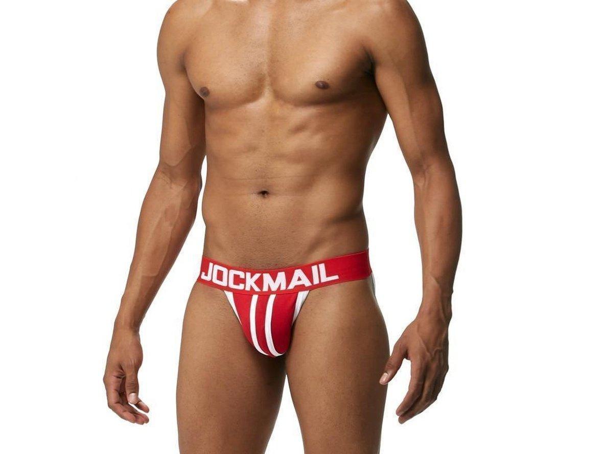 Red jockstrap with white stripes and classic cut