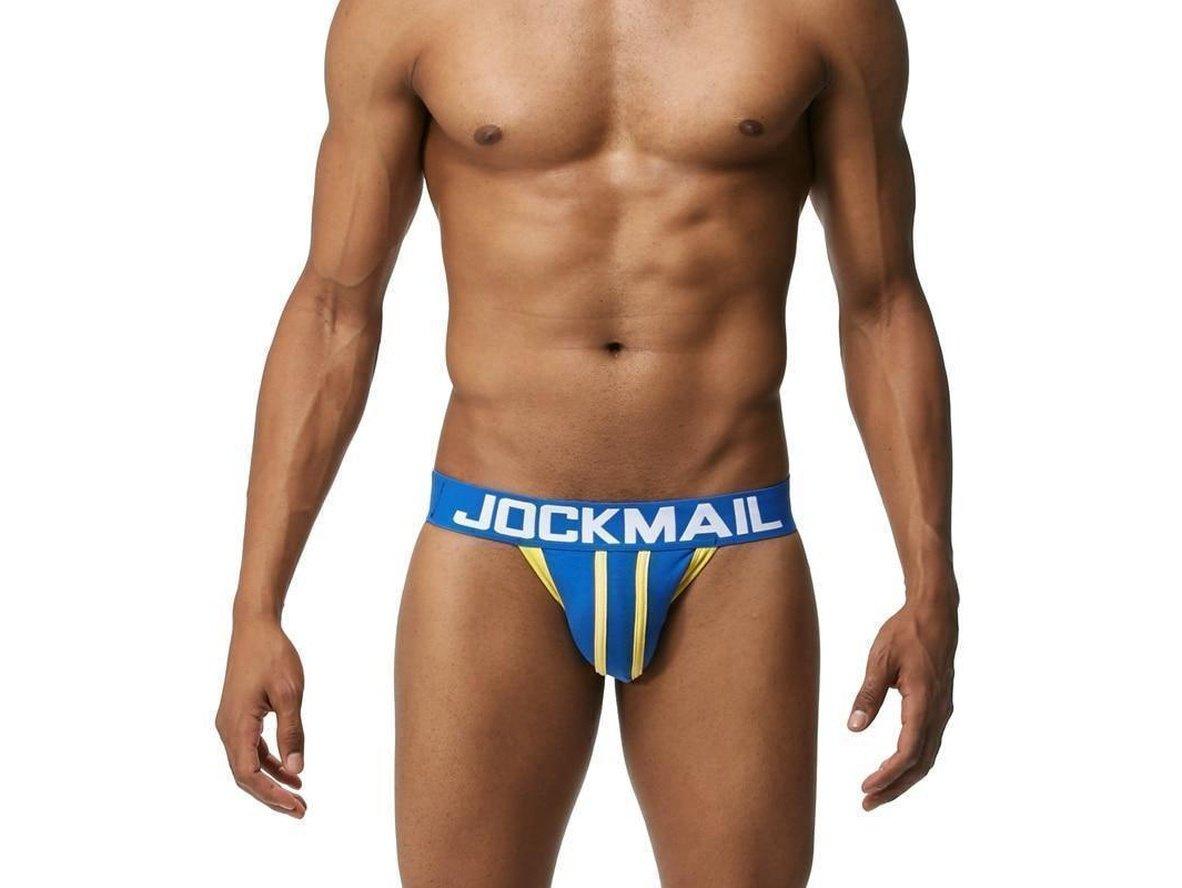 Front view of blue jockstrap with yellow stripes