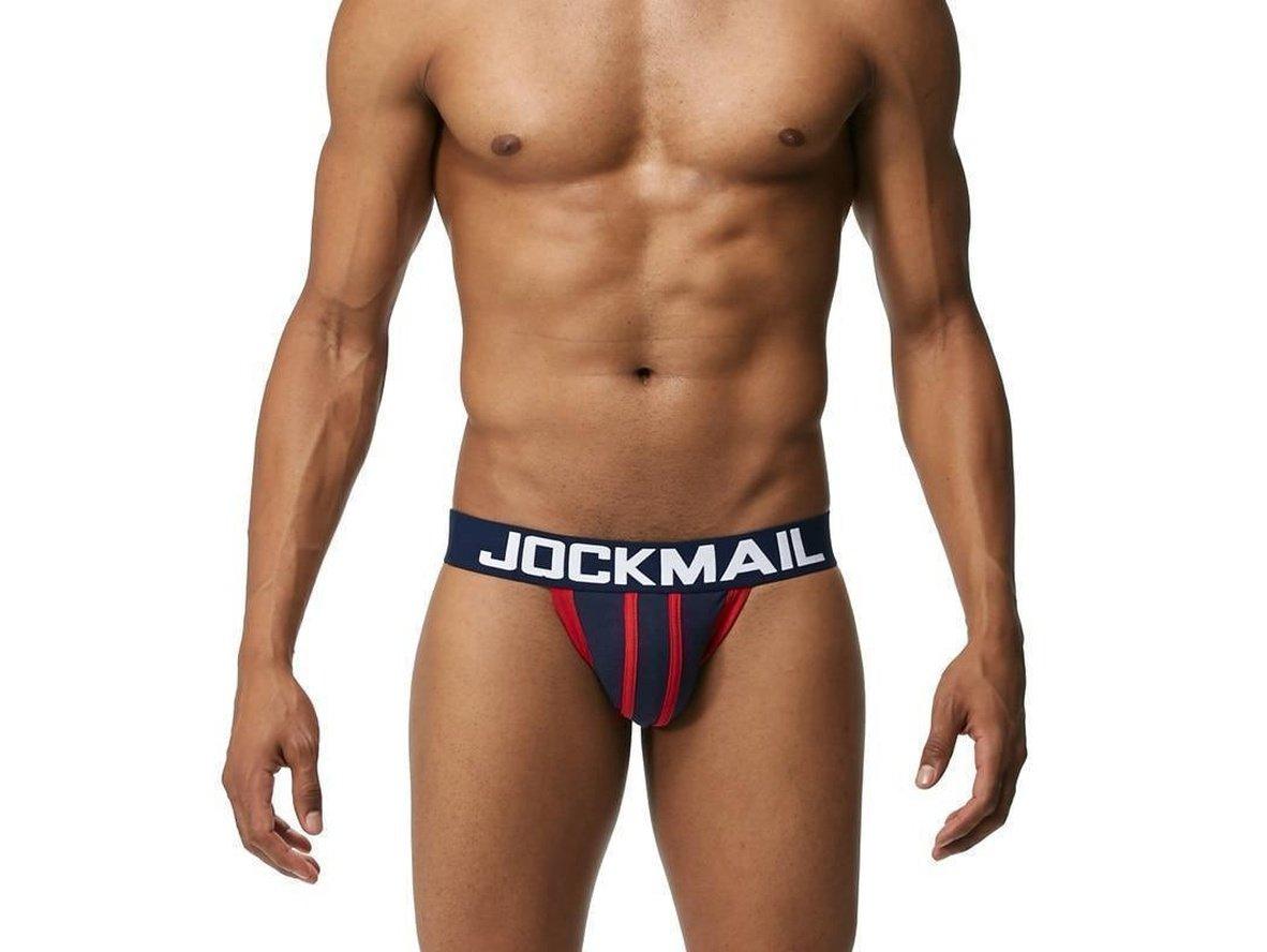 Navy blue jockstrap with red vertical stripes