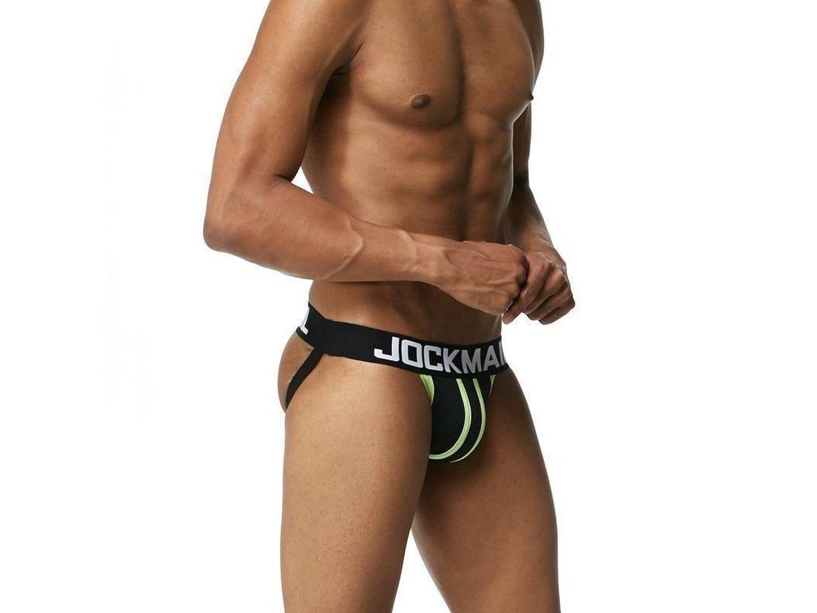 Black jockstrap with neon green stripes side view