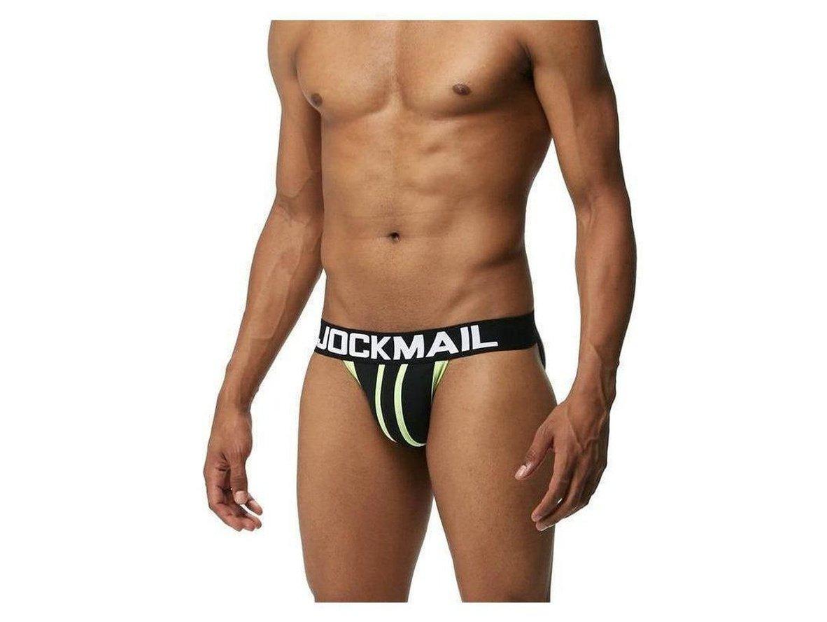 Black athletic jockstrap with neon green accents
