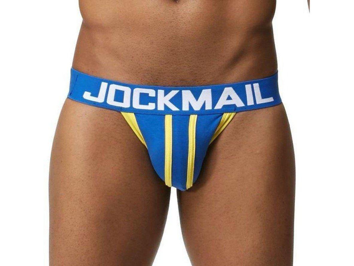 Close-up of blue jockstrap with yellow stripes