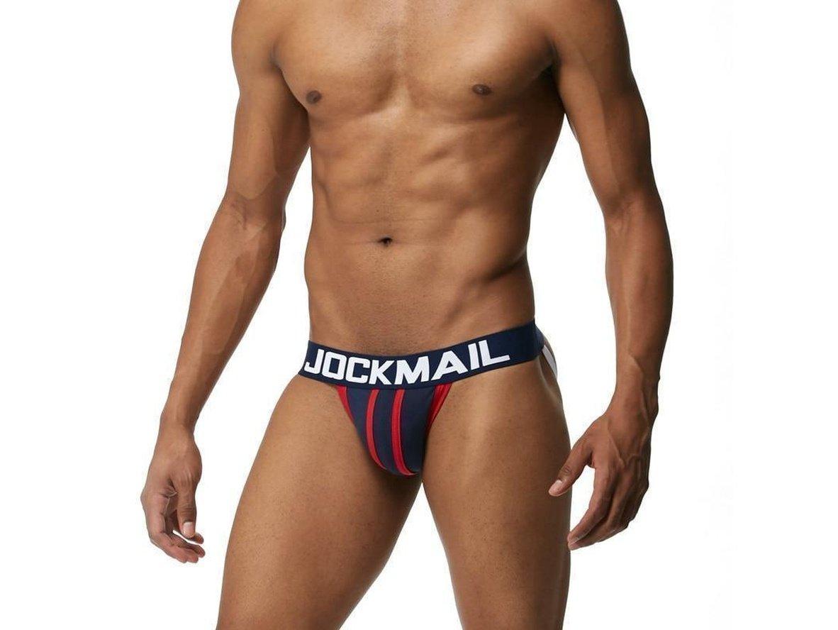Navy blue and red striped jockstrap for men