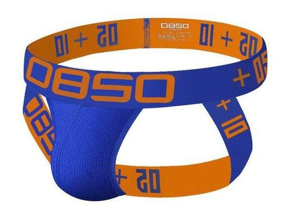 Royal blue jockstrap featuring orange 0850 text and breathable cotton spandex blend