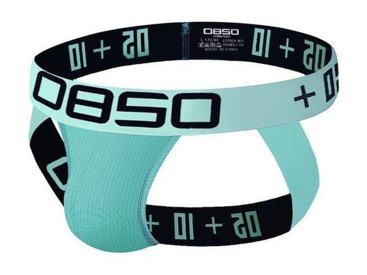 Light teal ORLVS 0850 jockstrap with black bands and ribbed cotton spandex fabric