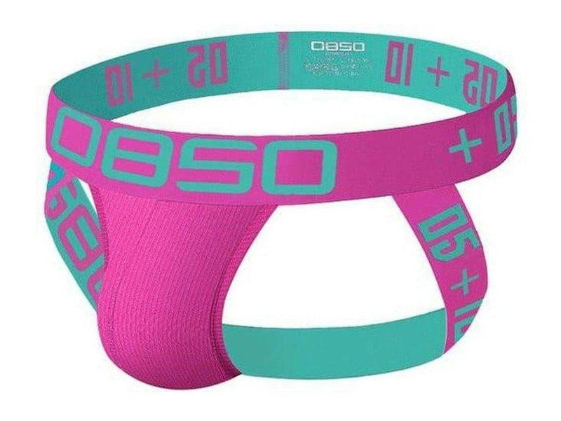Royal blue jockstrap featuring orange 0850 text and breathable cotton spandex blend