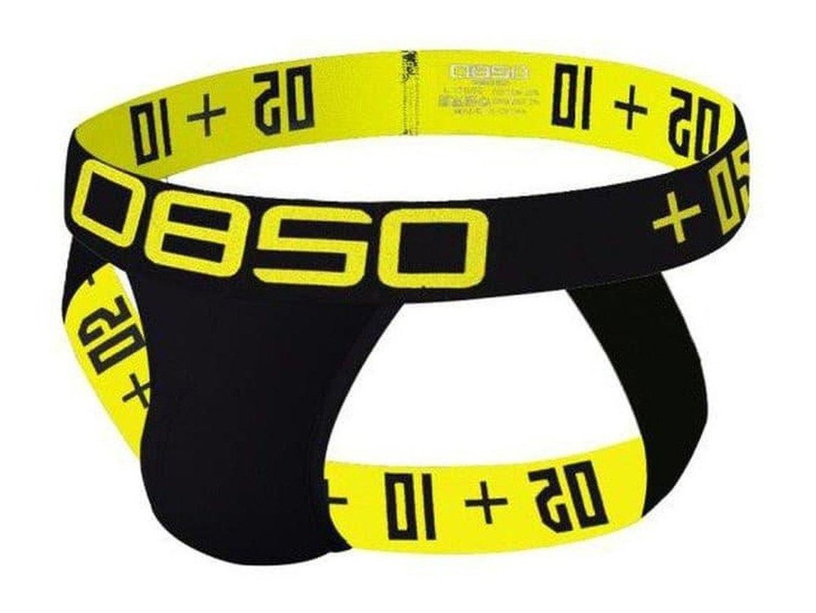 Black jockstrap with bright yellow 0850 waistband and smooth stretchy fabric