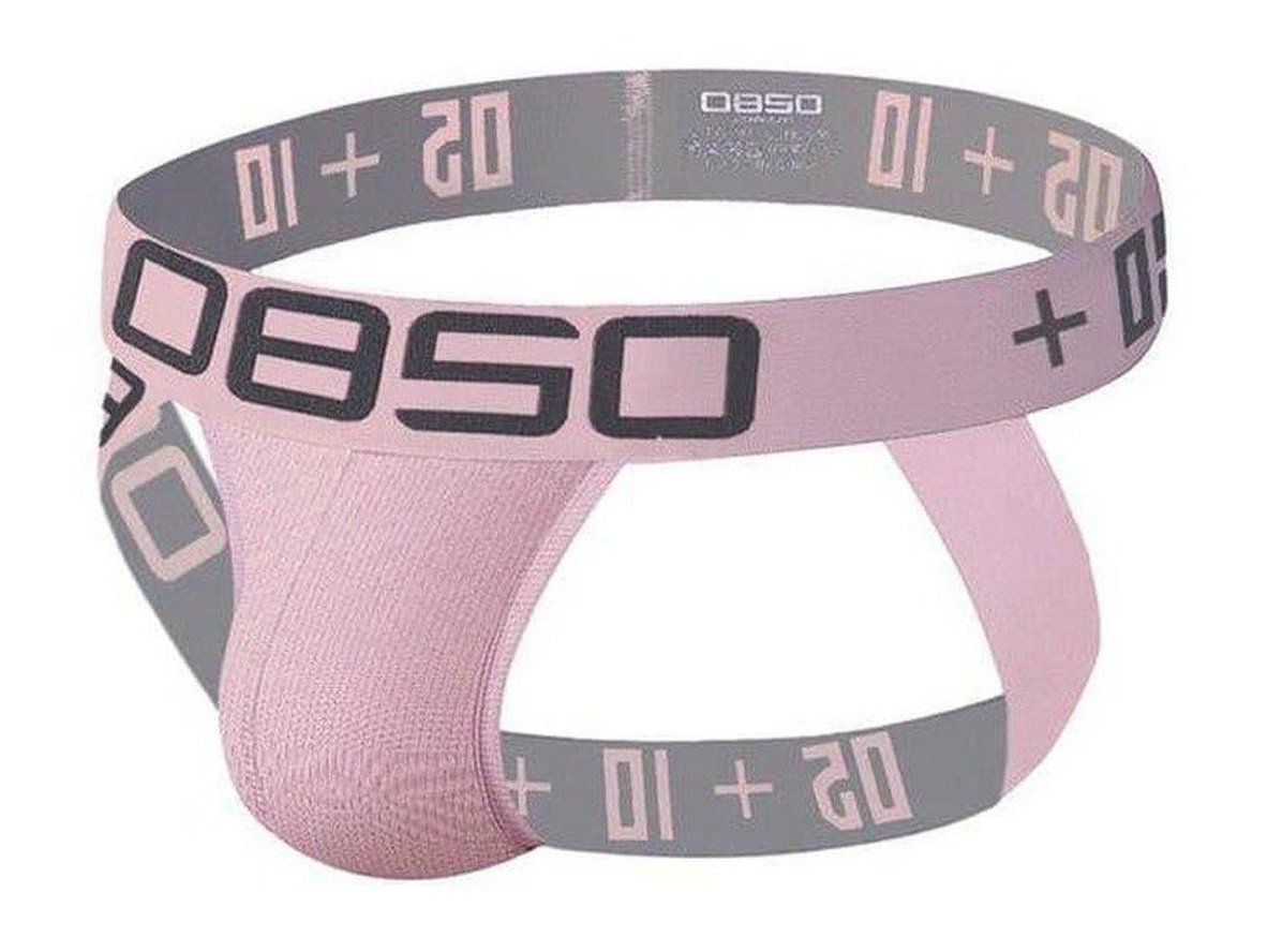 Dusty rose pink jockstrap with gray bands and fine ribbed cotton spandex texture
