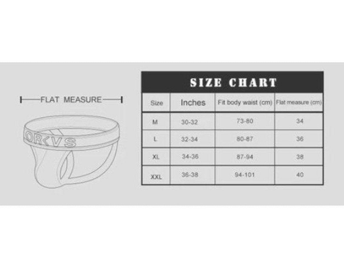 ORLVS men's jockstrap size chart showing flat measure and body waist fit in inches and cm