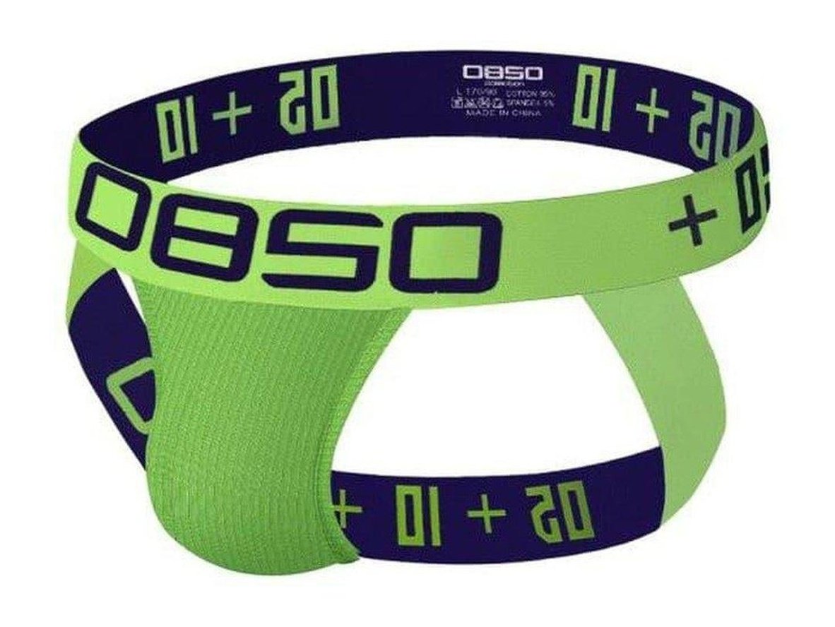 Lime green men's jockstrap with navy blue 0850 waistband and stretchy ribbed material