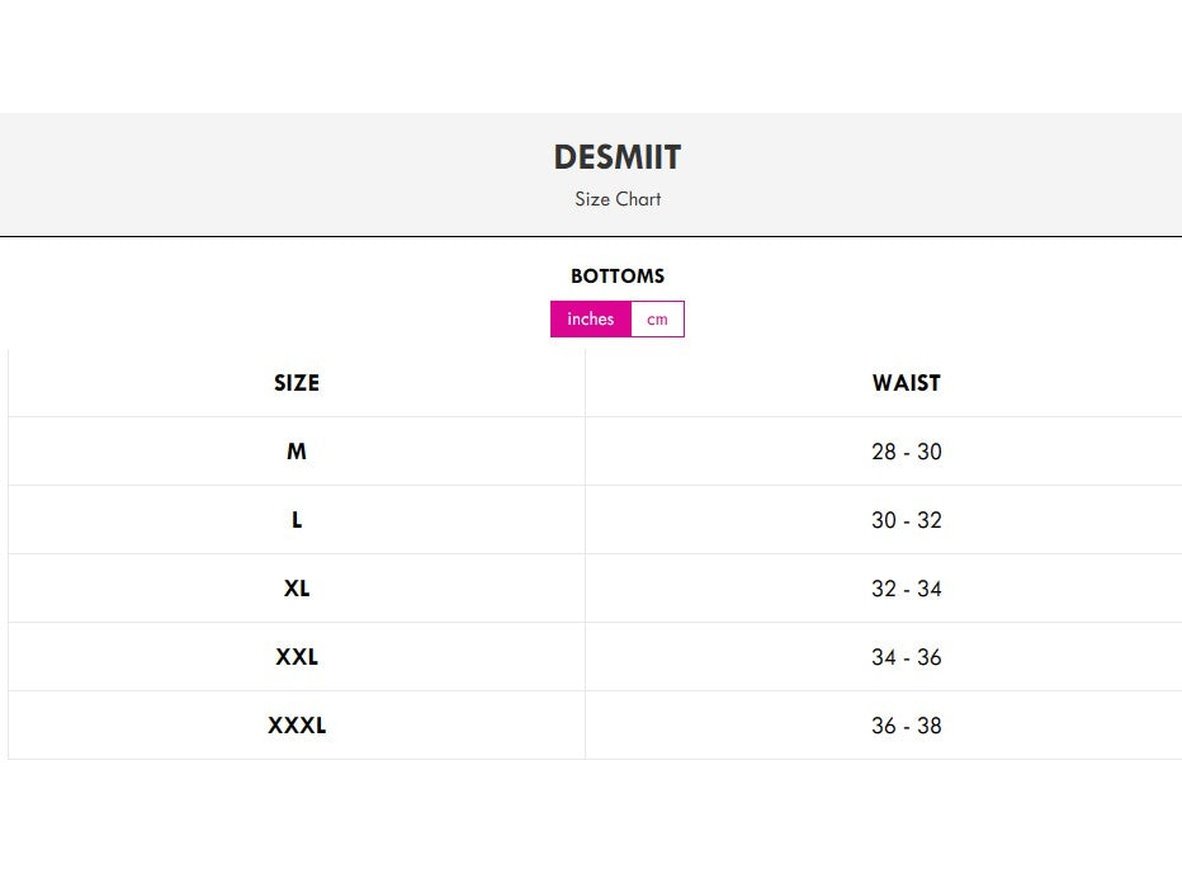 DESMIIT swimwear bottoms size chart showing waist measurements in inches and cm