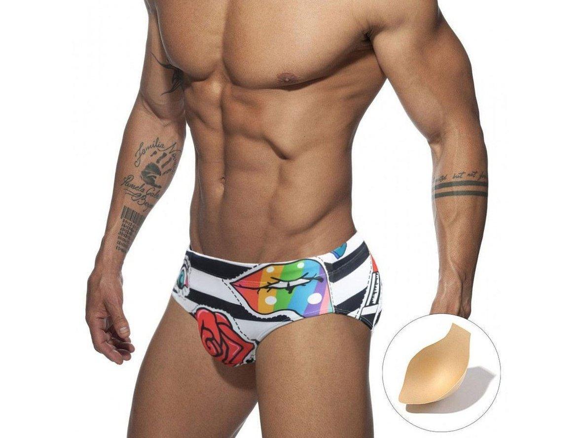Striped gay swim briefs with rainbow lip and rose graphic including push-up pad