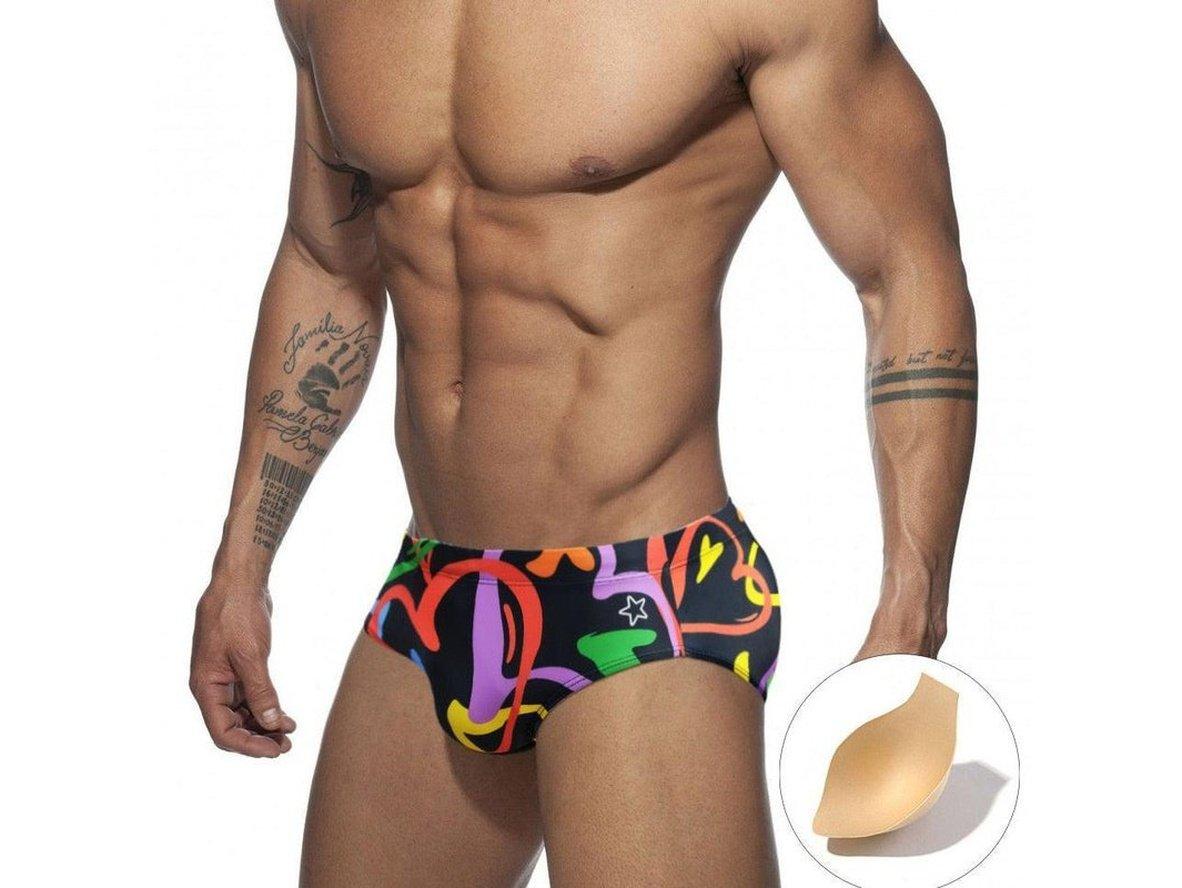 Black push-up swim briefs for men with colorful abstract pattern and included pad