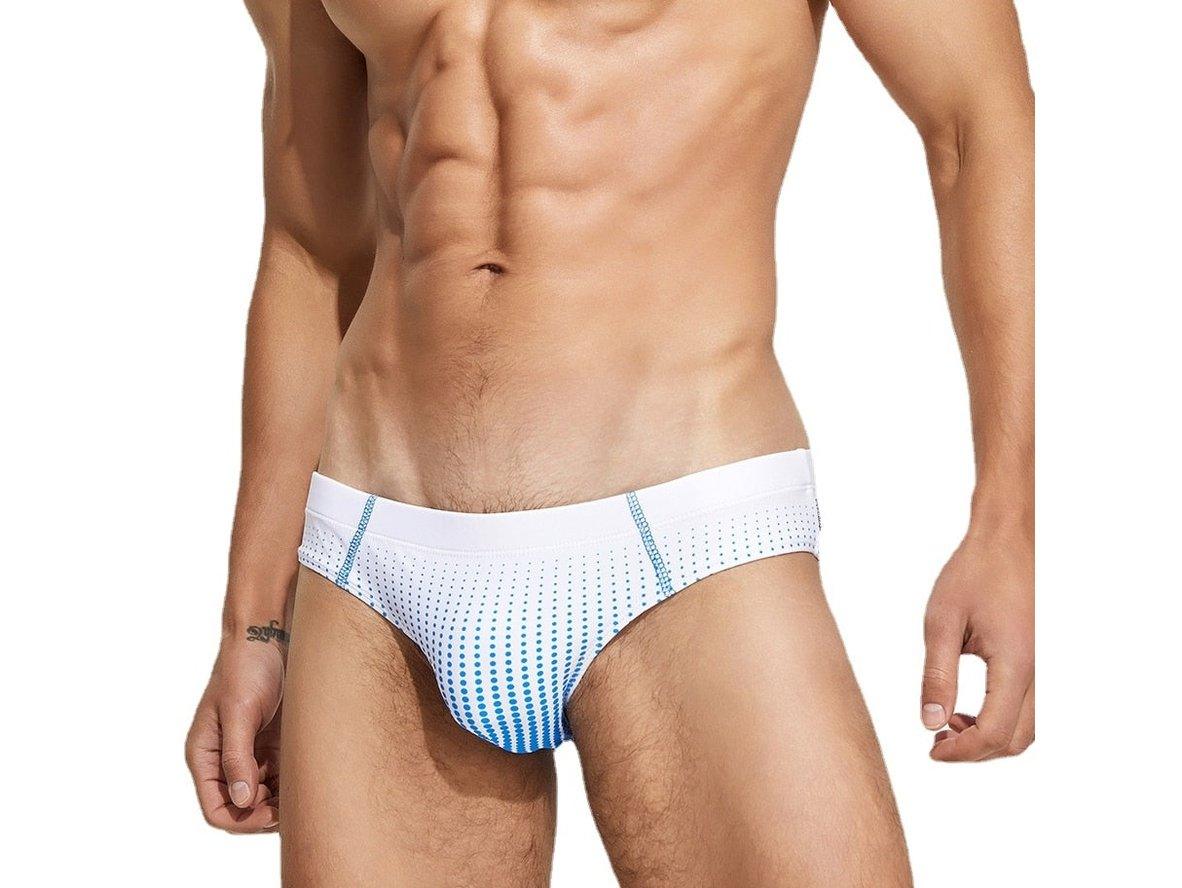 Men's white waistband gradient dot swim briefs front view