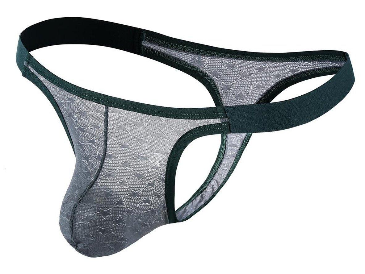 Dark green star pattern sheer mesh men's thong construction